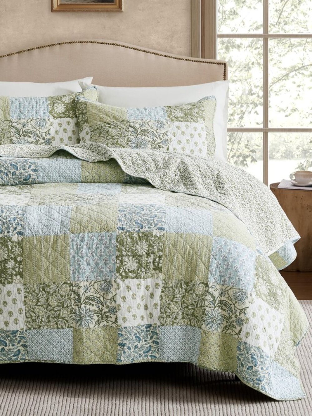 100% Cotton Reversible Patchwork Quilt King Size, Lightweight Farmhouse Vintage